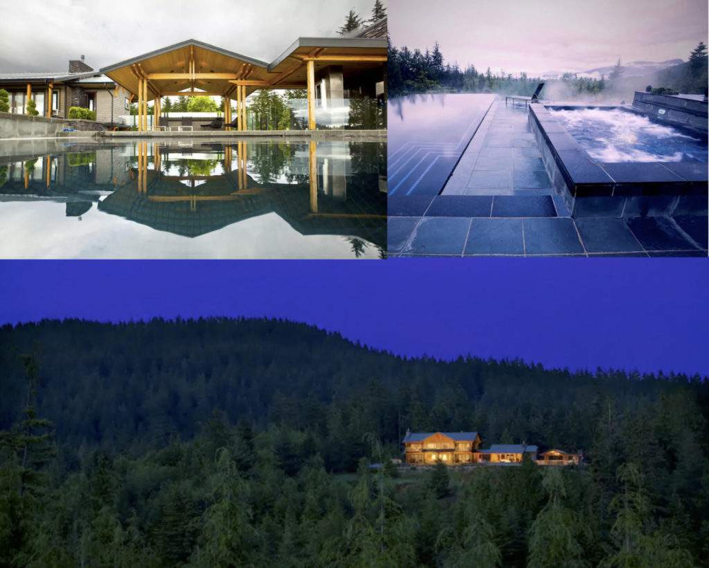 Collage of the Retreat like residence. Top left corner is the view of the house from the pool. Top right photo is the infinity pool and hot tub looking over the forest. Bottom photo is a panorama photo from a drone of the house at night, surrounded by forest.